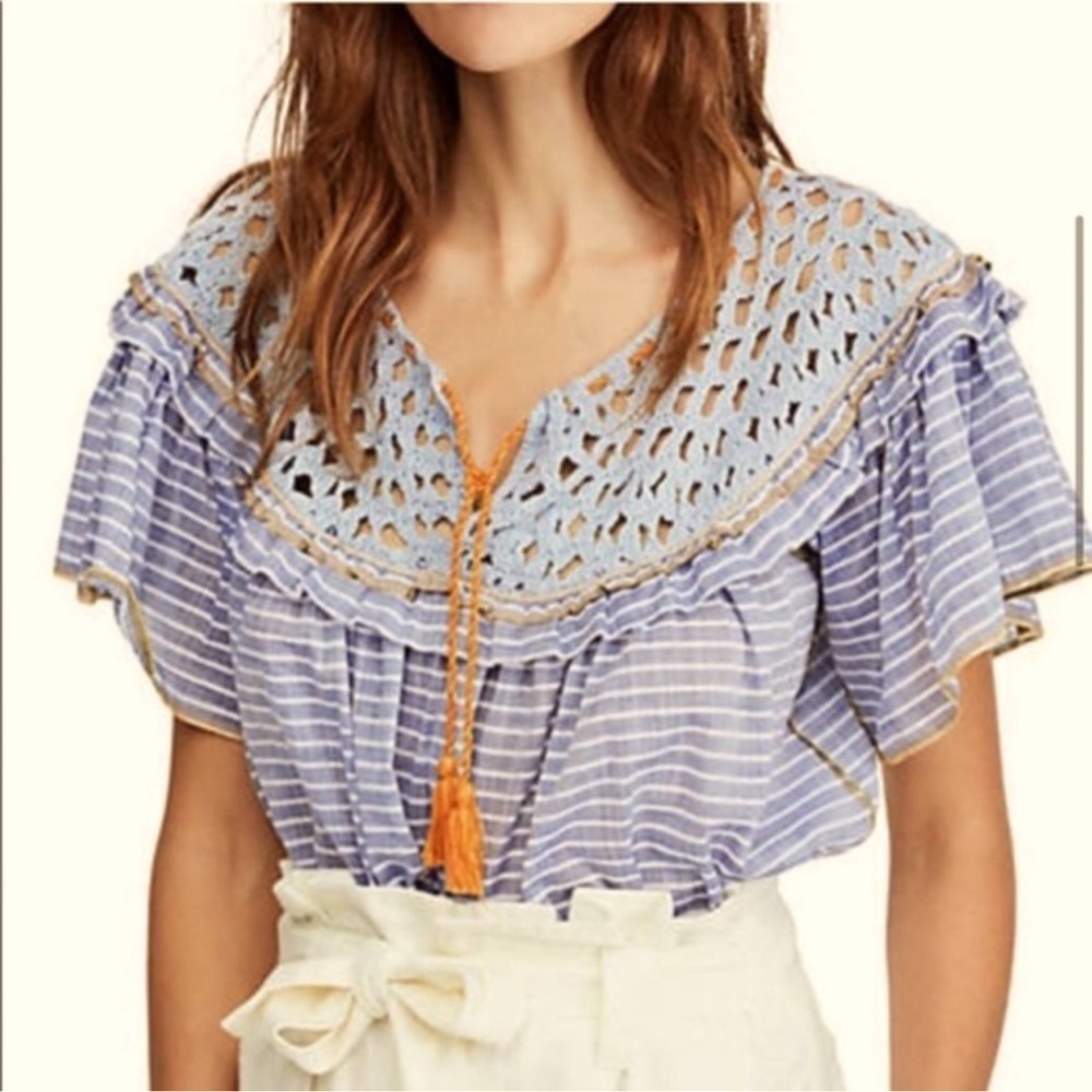 FREE PEOPLE Allora Allora Striped Ruffled Blue Crochet Crop Blouse Size Small